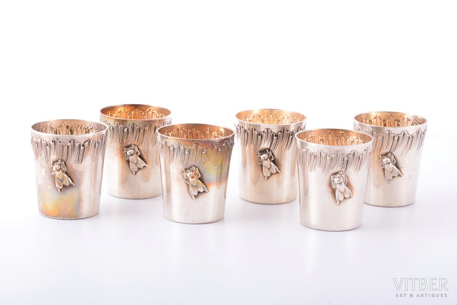 set of 6 beakers, silver, "Flies", 950 standard, 134.65 g, h 3.8 cm, France