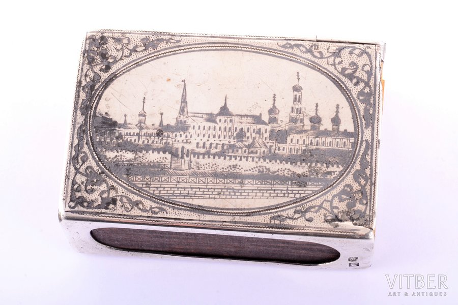 matches' holder, silver, "Kremlin", 84 standard, 34.50 g, niello enamel, 4 x 5.9 x 2.1 cm, 1880-1899, Moscow, Russia