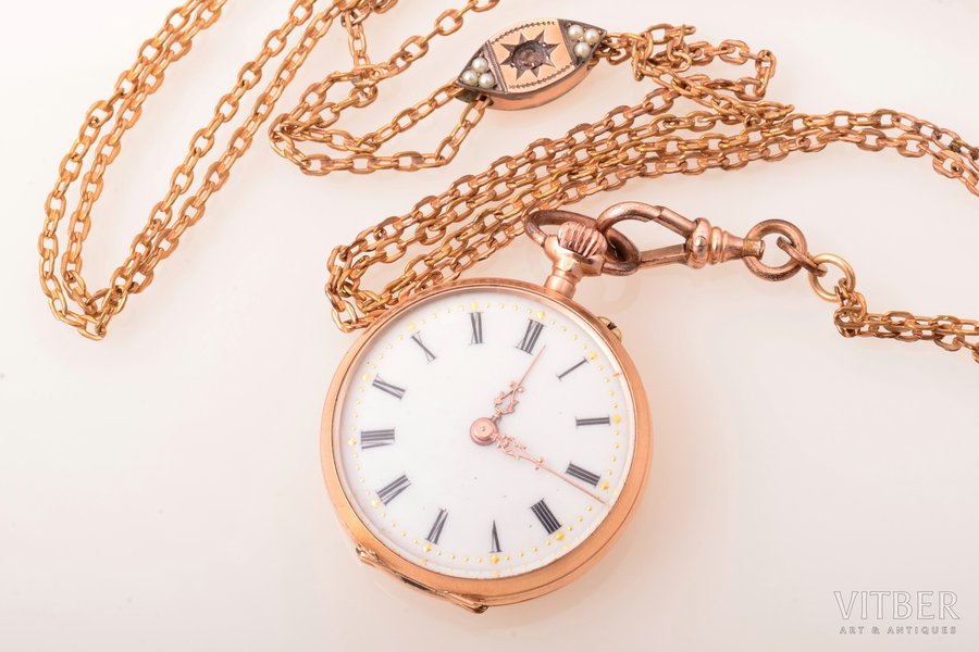 карманные часы, Швейцария, золото, 585 проба, общий вес часов (без цепочки) 21.50 г, 3.7 x 3 см, часы на ходу, цепочка не золотая