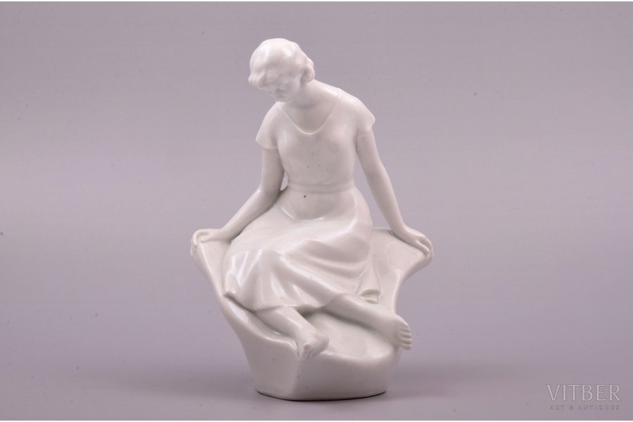 figurine, A Sitting Girl, porcelain, Riga (Latvia), USSR, sculpture's work, molder - Anatoly Travnikov, 1960, h 15 cm