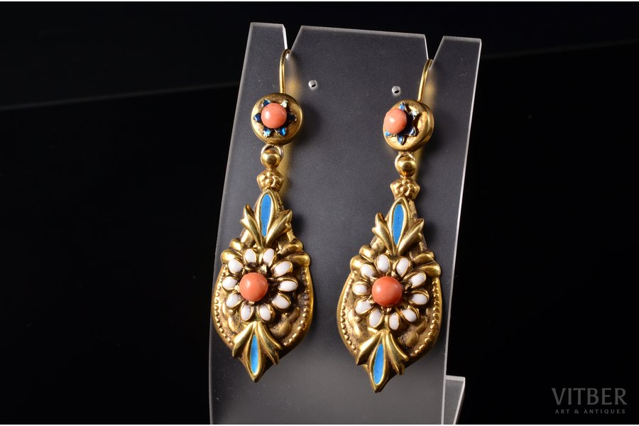 earrings, Burbonica, silver, gilding, enamel, 925 standard, 11.50 g., the item's dimensions 61.6 x 22.1 cm, coral, Italy