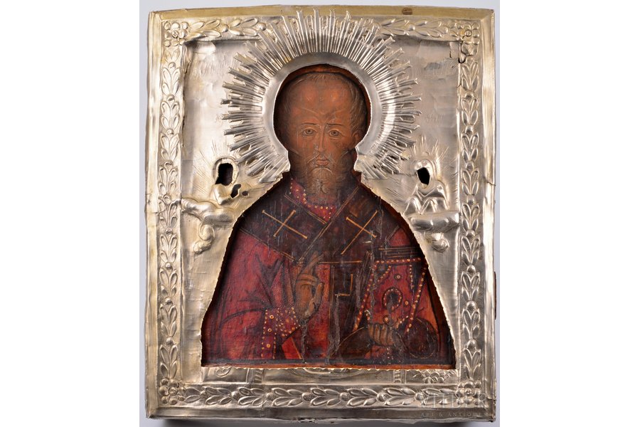 ikona, Svētais Nikolajs Brīnumdarītājs, ar iedziļinājumu, uzlika - baltais metāls, dēlis, gleznojums, Krievijas impērija, 18. gs., 30.5 x 25.8 x 3 cm