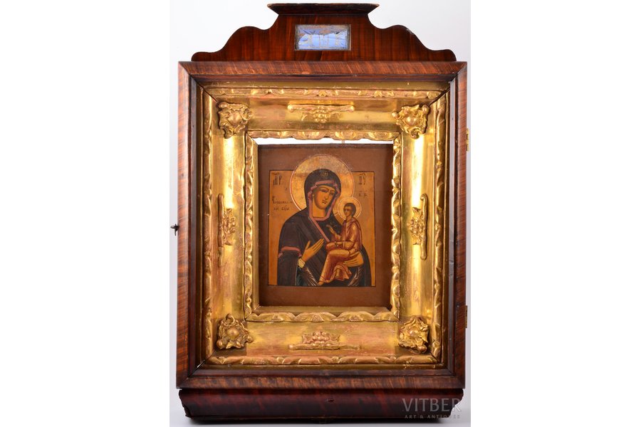 icon, Tikhvin icon of the Mother of God, recessed icon panel (kovcheg), in icon case, board, painting, guilding, Russia, the middle of the 19th cent., 52 x 36.3 x 12.5 / 21.6 x 19.7 x 2.4 cm
