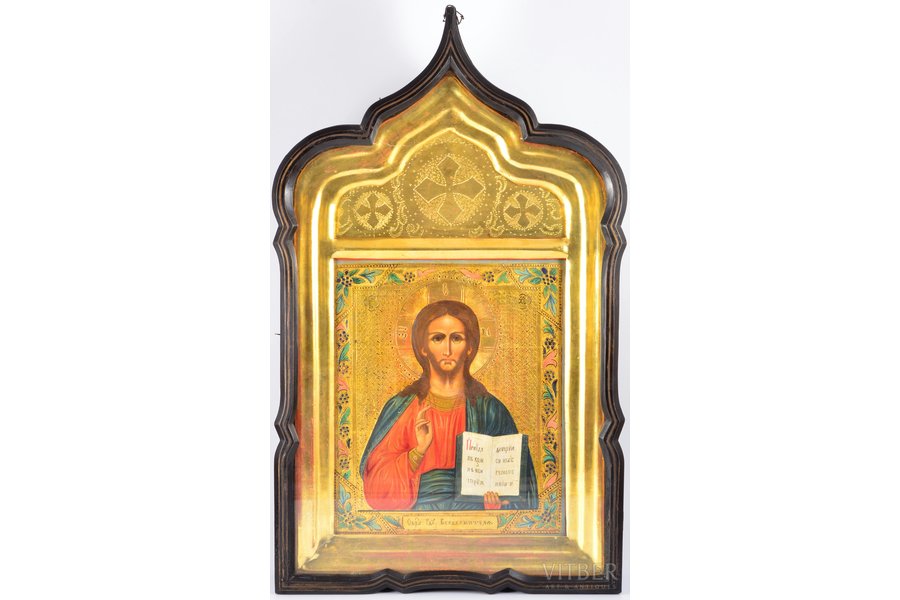 icon, Jesus Christ Pantocrator, in icon case, board, painting, gold leafy, Russia, the 19th cent., 30.3 x 26 x 22  /  62 x 35.2 x 7.5 cm