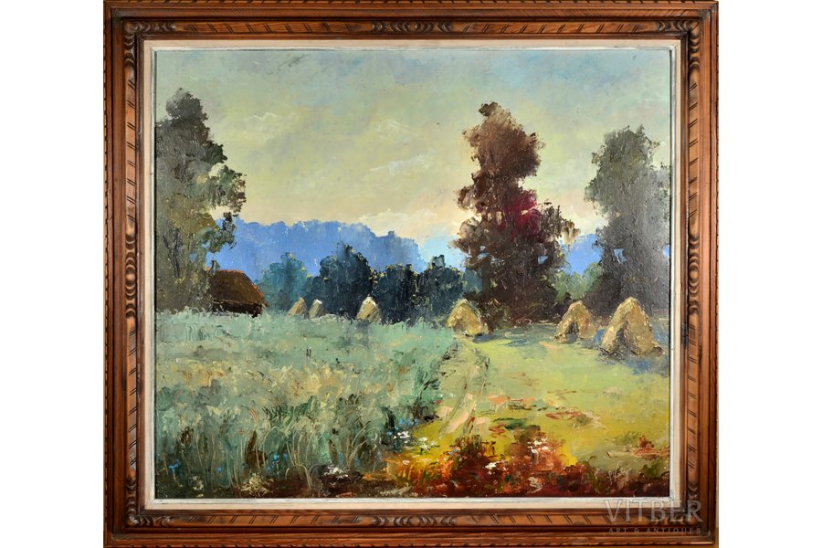 Jānis Kalējs, "Haystacks", 1987, carton, oil, 66.5 x 76.5 cm