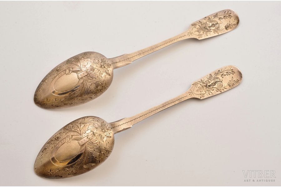 pair of tablespoons, silver, 84 standart, engraving, 1887, total weight 141.35g, master Pettelius Otto Reinhold, St. Petersburg, Russia, 22.2 cm