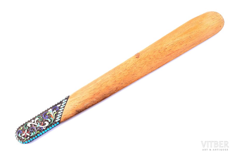 letter knife, silver, 84 standard, total weight of item 25.35, cloisonne enamel, wood, 26.1 cm, the border of the 19th and the 20th centuries, Russia, minor enamel chips