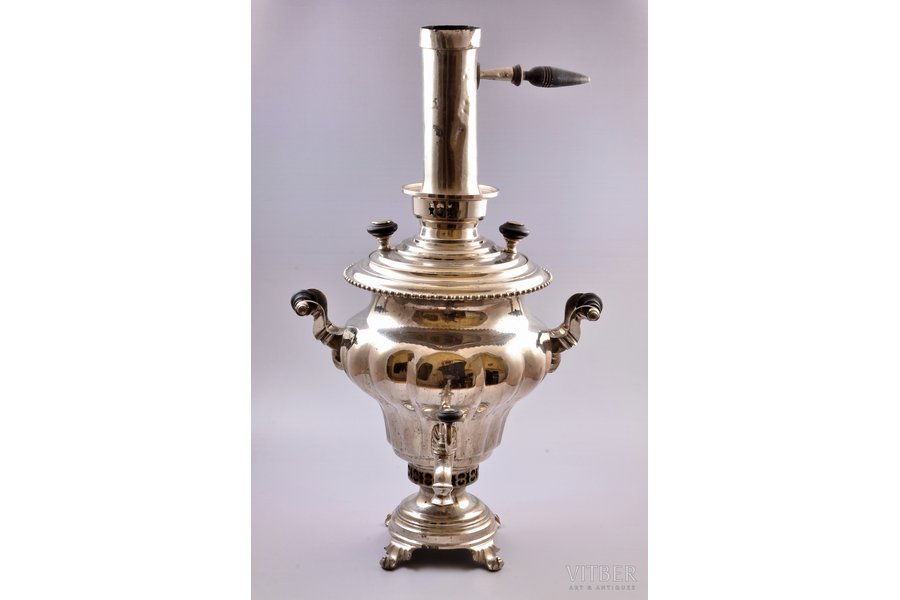 samovar, Partnership of the fabric of heirs of V.S.Batashev in Tula, shape "oval shaped pear vase", brass, nickel plating, Russia, the border of the 19th and the 20th centuries, h 64 cm, weight 5700 g, welding at the base of the inner pipe