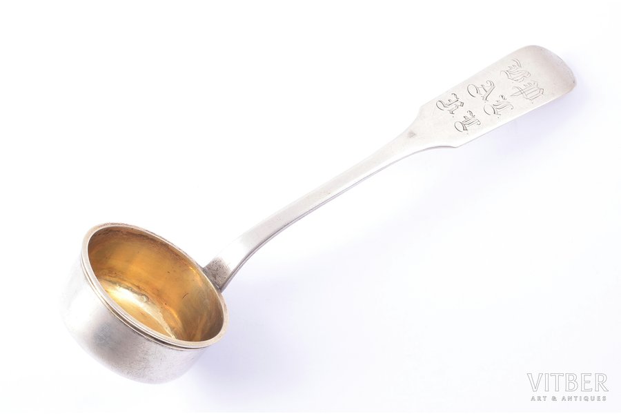 ladle, silver, small size, 12 лот (750) standard, 54.55 g, gilding, 18.4 cm, by Andrey Friedrich Lübeck, the middle of the 19th cent., Jelgava, Latvia, Russia