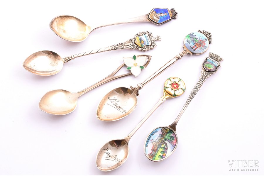 set of souvenir spoons, silver, 6 pcs, 835, 925 standart, painted over enamel, enamel, the 2nd half of the 20th cent., 78.35 g, Germany, Great Britain, Denmark, Canada, 9.9 - 12 cm