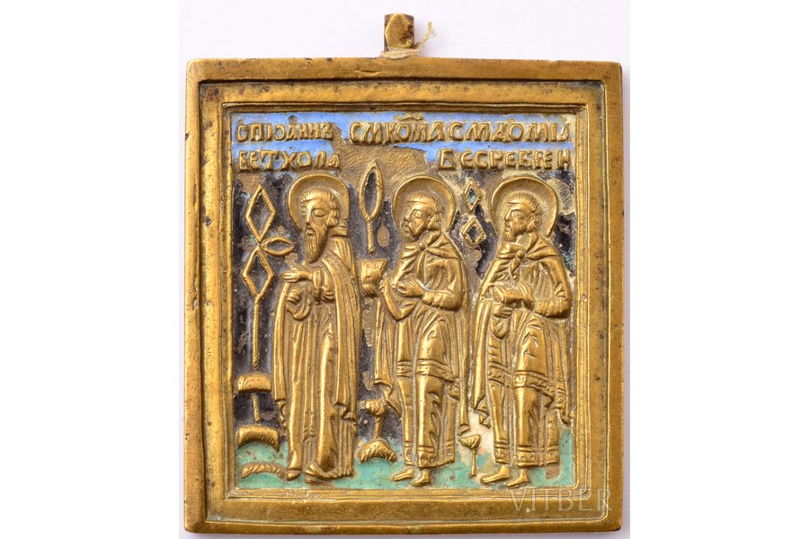 icon, Saints John, Cosmas and Damian, copper alloy, 3-color enamel, Russia, the 19th cent., 6.4 x 5.4 x 0.4 cm, 65.85 g.