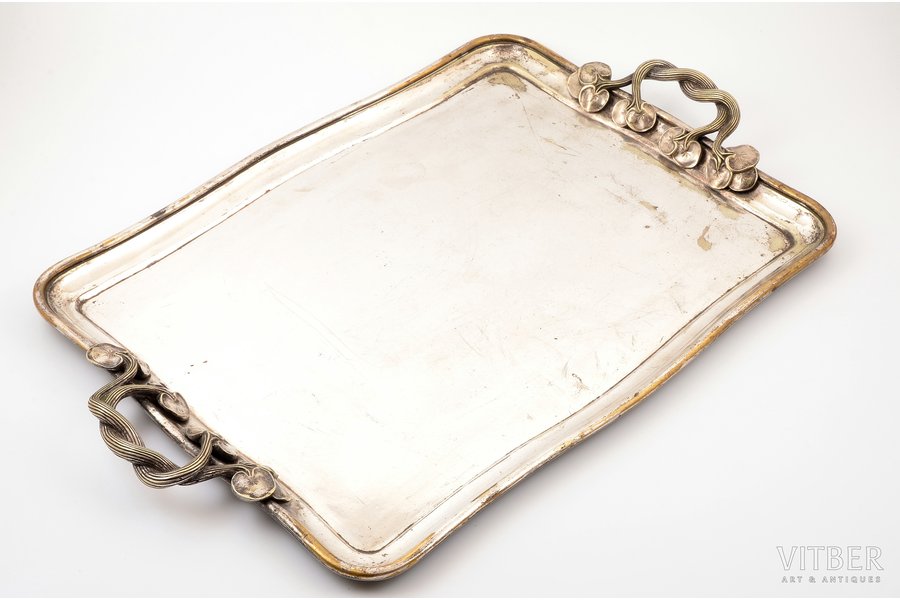 tray, Alexander Katch, Art-Nouveau, St. Petersburg, silver plated, Russia, the border of the 19th and the 20th centuries, 55 x 35.5 cm, two screw nuts missing, with scratches