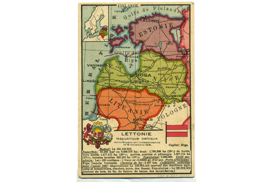открытка, Карта стран Балтии, Латвия, 20-30е годы 20-го века, 14,2x9,2 см