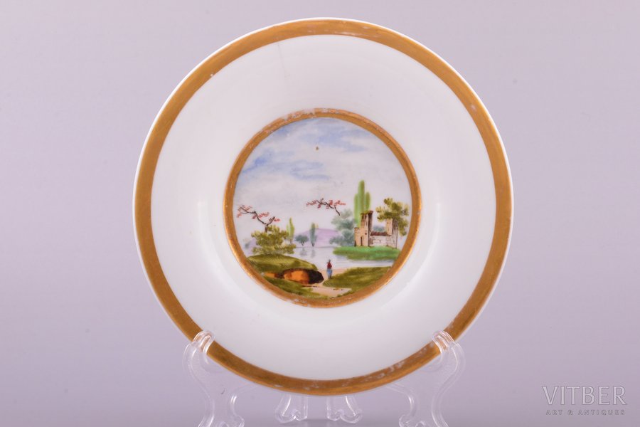decorative plate, porcelain, A. Popov manufactory, Russia, the 19th cent., Ø 14.6 cm, hairline crack