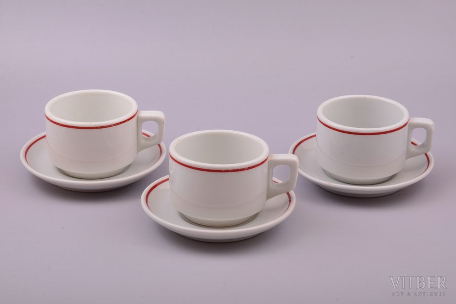 set of 3 tea pairs, Bauscher Weiden, US zone, Ø (saucer) 14.5 cm, h (cup) 6.2 cm, Germany, the 40ies of 20th cent.