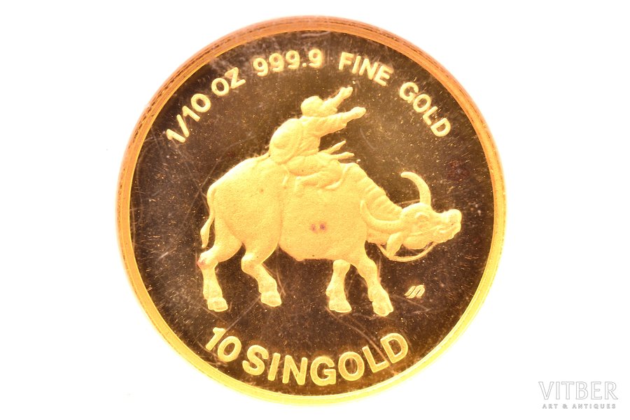 10 singold, 1985, gold, Singapore, MS 69