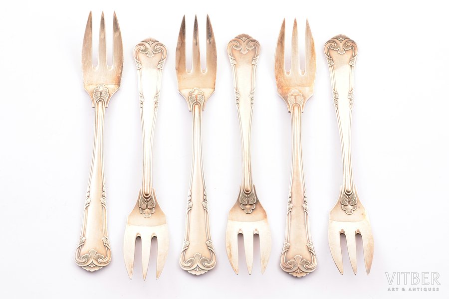 set of dessert forks, silver, 6 pcs, 830s standard, 145.65 g, 13.5 cm, Carl M. Cohr, Denmark