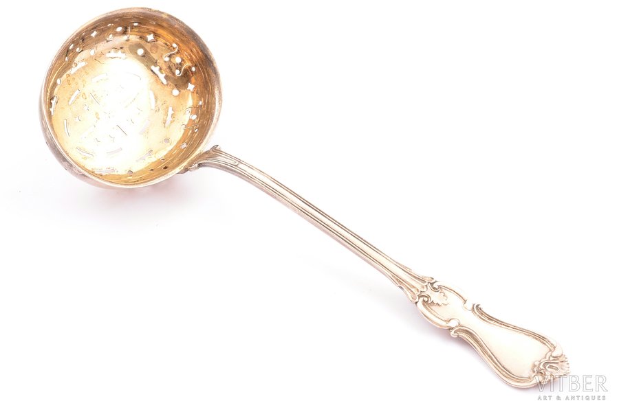 sieve spoon, silver, 830 standard, 56.50 g, gilding, 19.2 cm, 1883, Kristianstad, Sweden