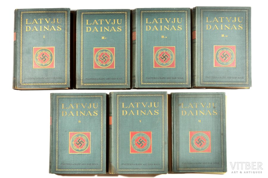 "Latvju Dainas", Sējumi I-V, compiled by Kr. Barons, 1922, Valtera un Rapas akc. sab. izdevums, Riga, map in attachment, 23.9 x 16 cm, in vol. III-3, IV, V, VI text blocks fall apart, in vol. III-3 p. 929-932 are damaged, in vol. V maps are torn