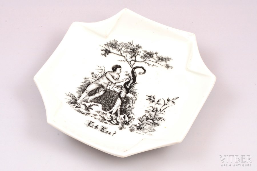 ashtray, "Where is Eve?" ("Где Ева?"), porcelain, Russia, the end of the 19th century, 13.2 x 13.3 cm