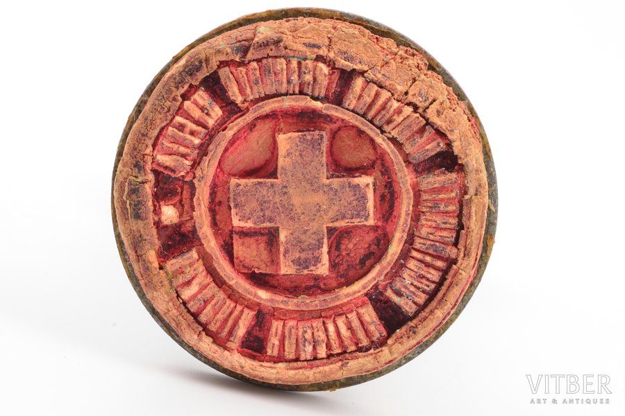 sign, Russian Red Cross society, wood, metal, Russia, Ø - 3.5, h - 6.2 cm