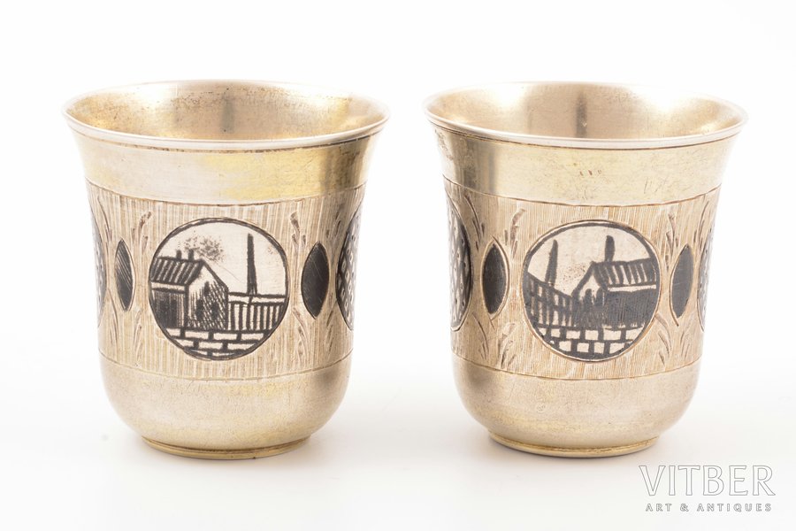 pair of beakers, silver, 84 standard, 50.40 g, engraving, niello enamel, h 4.4 cm, 1873, Moscow, Russia
