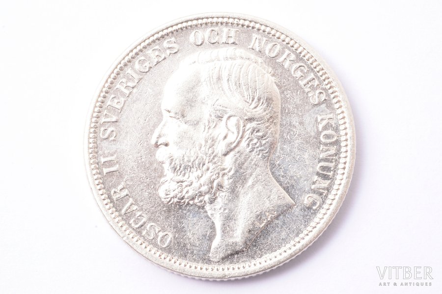 2 кроны, 1890 г., A, L, B, E, серебро, Швеция, 14.93 г, Ø 31.1 мм, AU