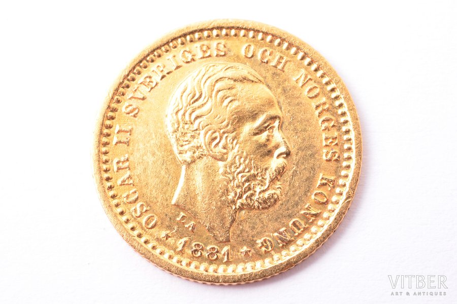 5 крон, 1881 г., A, L, B, E, золото, Швеция, 2.22 г, Ø 16 мм