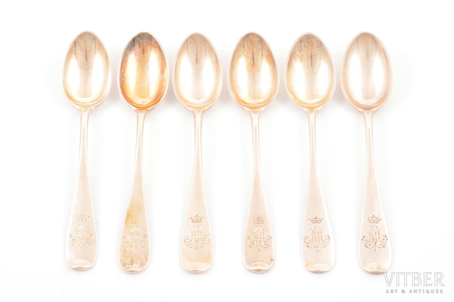 set of teaspoons, silver, 6 pcs, 84 standard, 105.75 g, gilding, 11.2 cm, Ivan Khlebnikov factory, 1883, Moscow, Russia