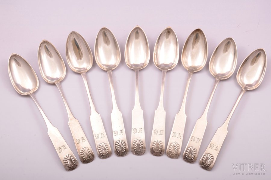 set of soup spoons, silver, 9 pcs., 84 standard, 585.70 g, 23 cm, 1854, Riga, Mitau, Russia