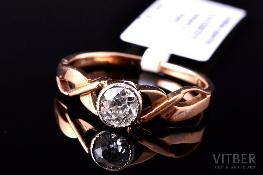 кольцо, золото, 56 проба, 2.09 г., размер кольца 16, бриллиант, ~0.35 кт, 1896-1907 г., Москва, Российская империя