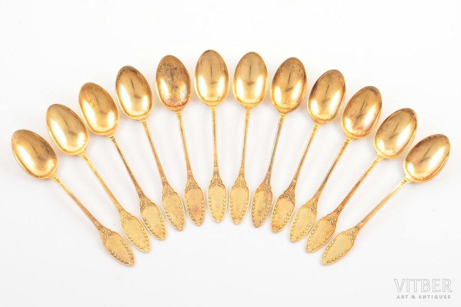 set of 12 coffee spoons, silver, 950 standart, gilding, 123.70 g, V. Boivin, Paris, France, 10.3 cm