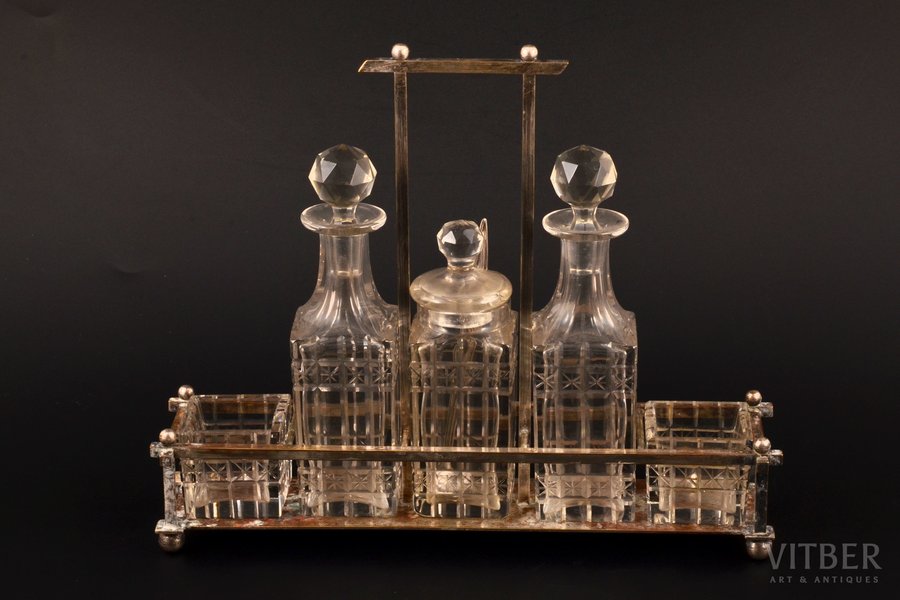 condiment set, metal, crystal, the beginning of the 20th cent., 25.3 x 6.5 x 20.6 cm