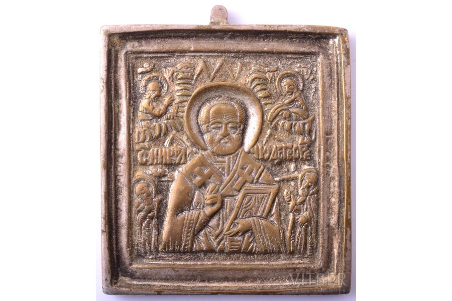 ikona, Svētais Nikolajs Brīnumdarītājs, vara sakausējuma, sudrabojums, Krievijas impērija, 19. un 20. gadsimtu robeža, 6.3 x 5.5 x 0.5 cm, 73.35 g.