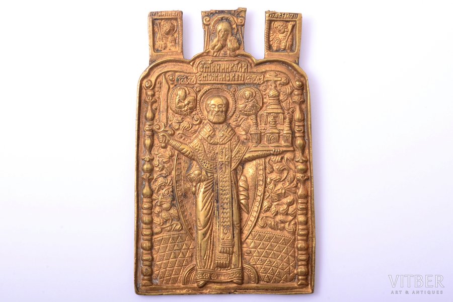 ikona, Svētnieks Možaiskas Nikolajs, Gusļici (Гуслицы), vara sakausējuma, Krievijas impērija, 18. gs., 12 x 7.7 x 0.3 cm, 131.35 g., trūkst fragmenti augšpusē