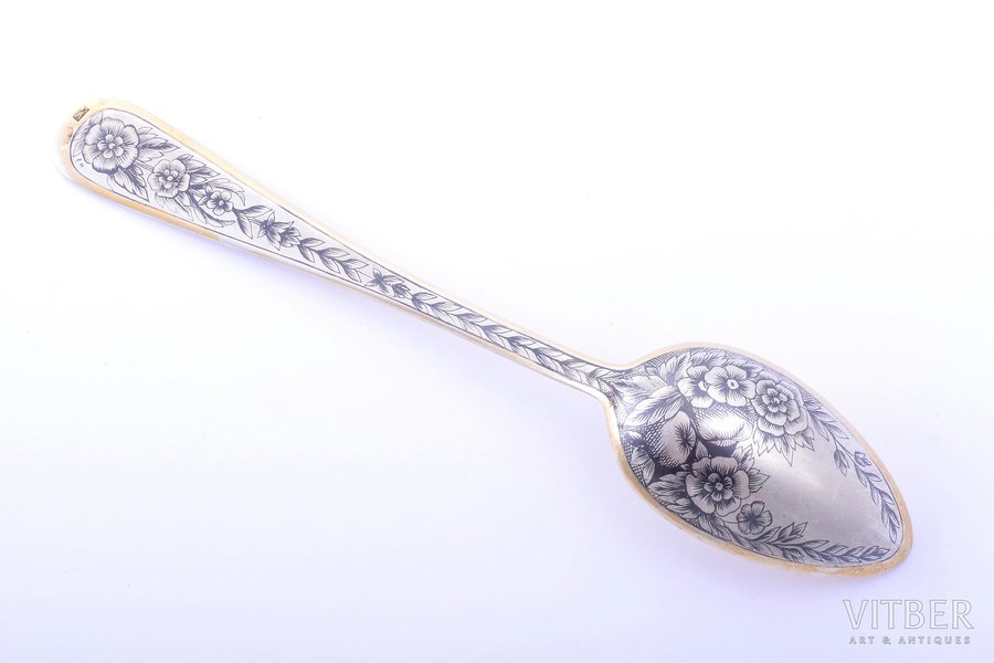 teaspoon, silver, 875 standard, 24.80 g, niello enamel, gilding, 13.9 cm, artel "Severnaya Chern", 1960, USSR