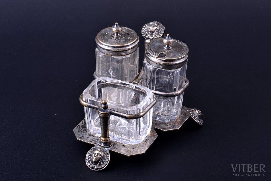condiment set, Alexander Katch, St. Petersburg, silver plated, Russia, the border of the 19th and the 20th centuries, 9 x 10.8 x 11.2 cm