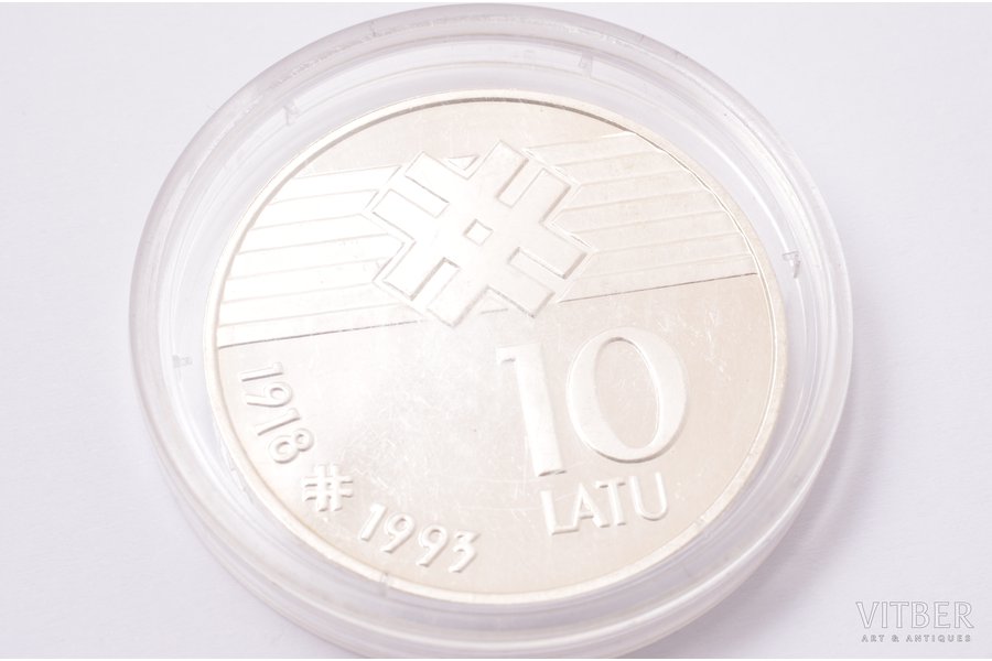 10 латов, 1993 г., серебро, Латвия, 25.175 г, Ø 36.07 мм, AU