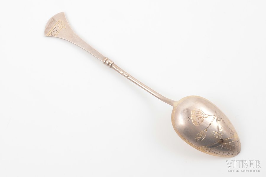 teaspoon, silver, 84 standard, 18.00 g, engraving, gilding, 14.8 cm, 1908-1917, Moscow, Russia
