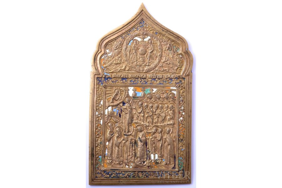 ikona, Vissvētās Dievmātes Patvērums, vara sakausējuma, 5-krāsu emalja, Krievijas impērija, 19. gs. beigas, 17.4 x 9.8 x 0.4 cm, 384.05 g.