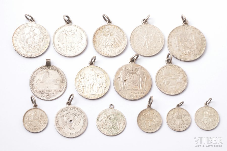 a set, 1801, 1840, 1860, 1862, 1890, 1892, 1893, 1897, 1908, 1911, 1913, 15 coins with eyelets, silver