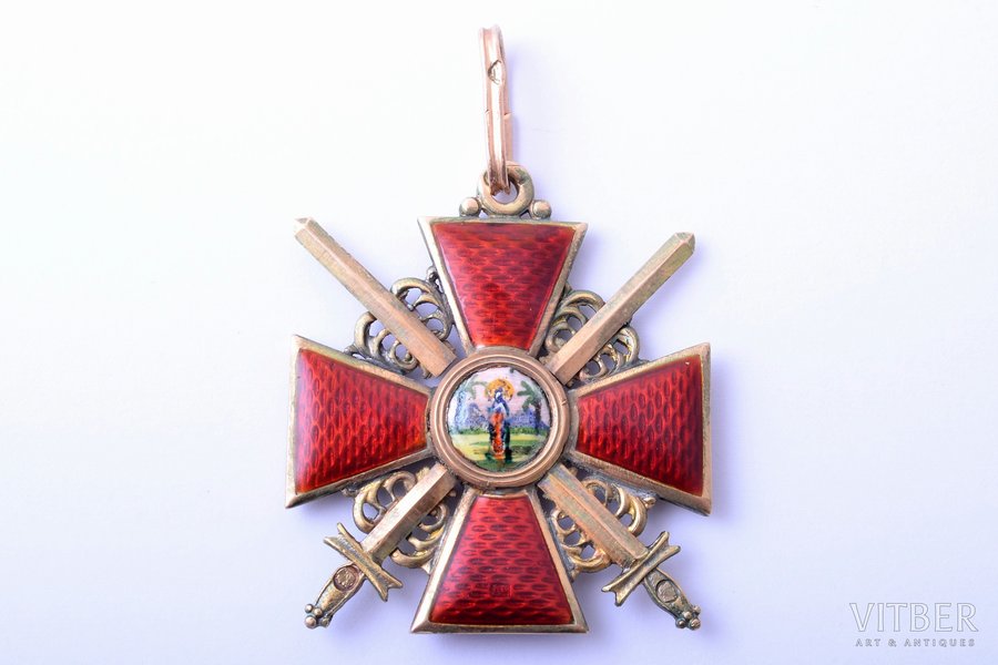 order, the Order of Saint Anna, with swords, 3rd class, gold, enamel, 56 standard, Russia, 39.3 x 34.5 mm, restoration of center