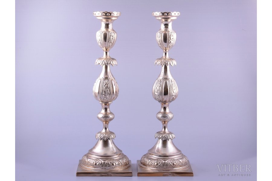 pair of candlesticks, silver, 84 standart, 1878, 1047.55 g, (524.35 + 523.20) g, by S. Krumhalz, Vilna, Russia, h 39 cm
