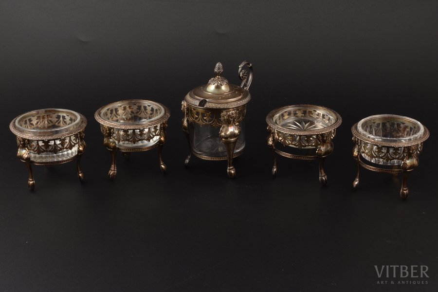 set for spices and mustard pot, 5 items, silver, 950 standart, the beginning of the 19th cent., weight of silver 275.15g, Jean-Pierre Bibron, Paris, France, h 6 / 11 cm, one glass is different