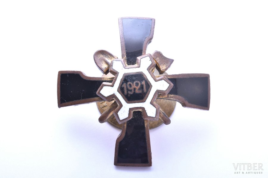 badge, Engineer-sapper regiment, Latvia, 20-30ies of 20th cent., 43 x 43.2 mm, small defect on the surface of white enamel