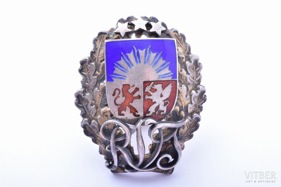 badge, the State Technical college of Riga, silver, enamel, 875 standard, Latvia, 20-30ies of 20th cent., 35.5 x 29.6 mm, 13.85 g, enamel chip on the surface