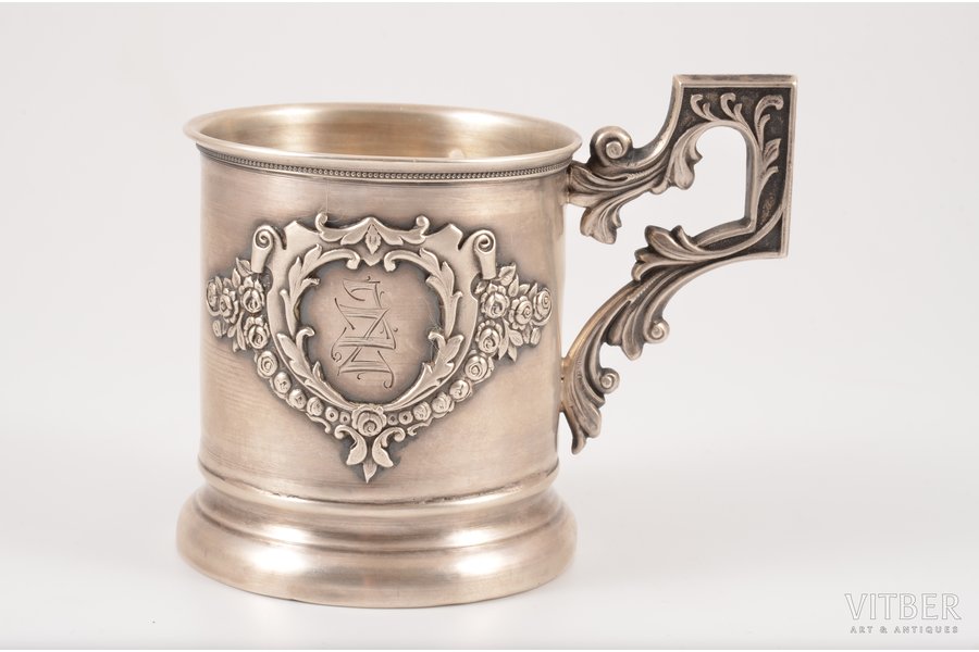 tea glass-holder, silver, 875 standard, 101 g, h (with handle) 8.8 cm, Ø (inside) 4.7 cm, by Ludwig Rozentahl, Riga, Latvia