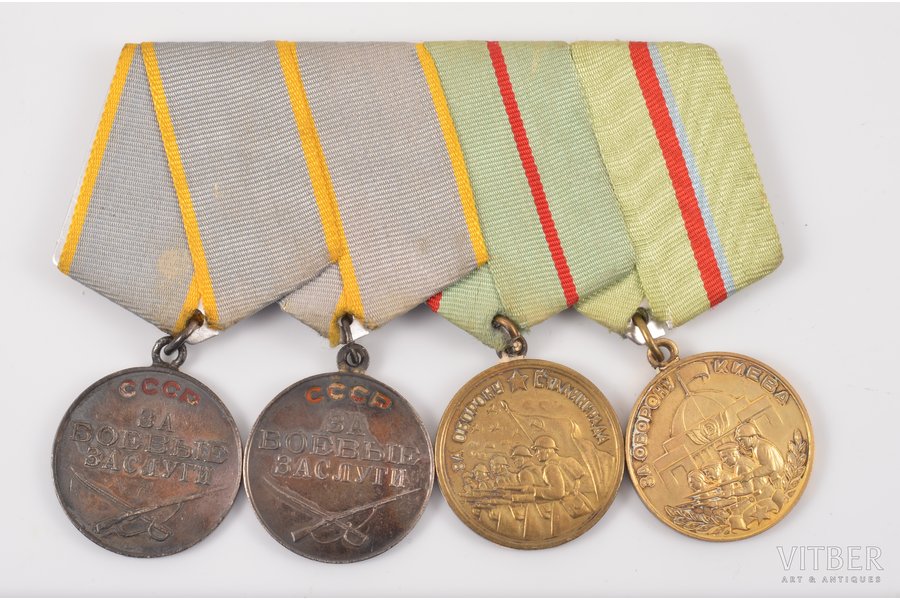 set, including medal For Military Merit Nº 382297, medal "For Military Merit", medal "For defence of Stalingrad", medal "For defence of Kiev", USSR, 40ies of 20 cent., 37.7 x 32.2, 37.2 x 32.1, 37.1 x 32.1, 37.2 x 32.1 mm