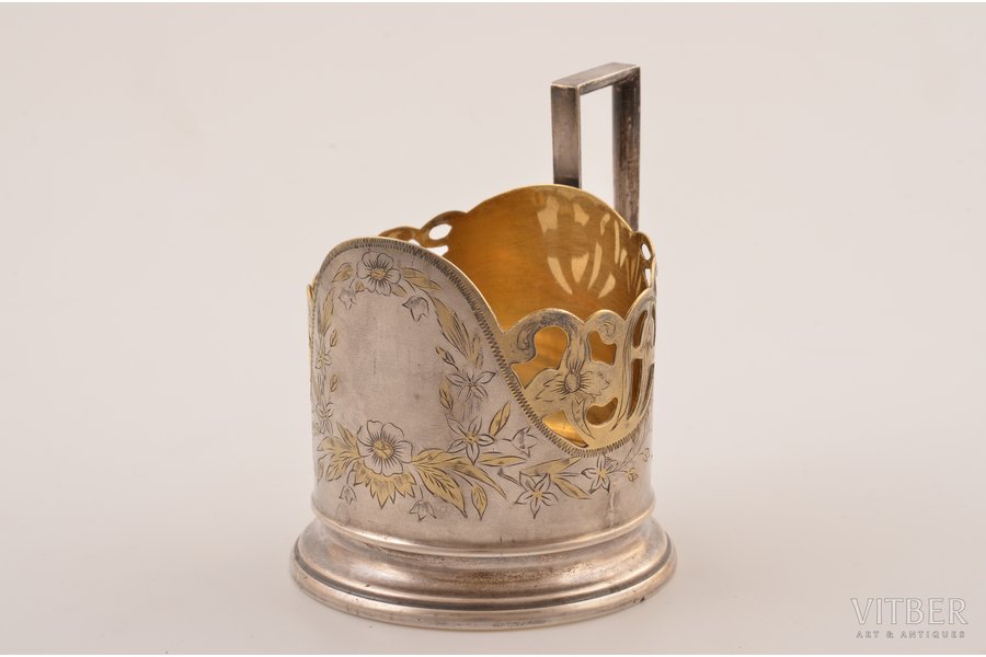 tea glass-holder, silver, 875 standard, 95.7 g, gilding, h (with handle) 9.5 cm, Ø (inside) 6.5 cm, Moscow Jewelry Factory, 1950-е, Moscow, USSR