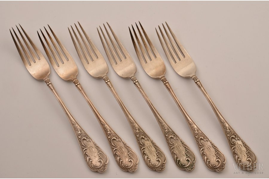 set of forks, silver, 6 pcs, 84 standard, 558.20 g, 21.5 cm, Orest Kurlyukov company, 1908-1917, Moscow, Russia